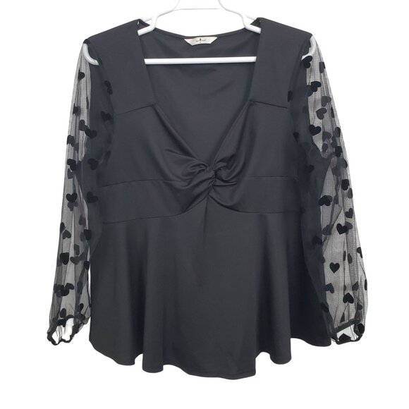 Agnes Orinda Size 3X Blouse Sheer Heart Puff Sleeves V Neck Twisted Front Flowy - Picture 2 of 13